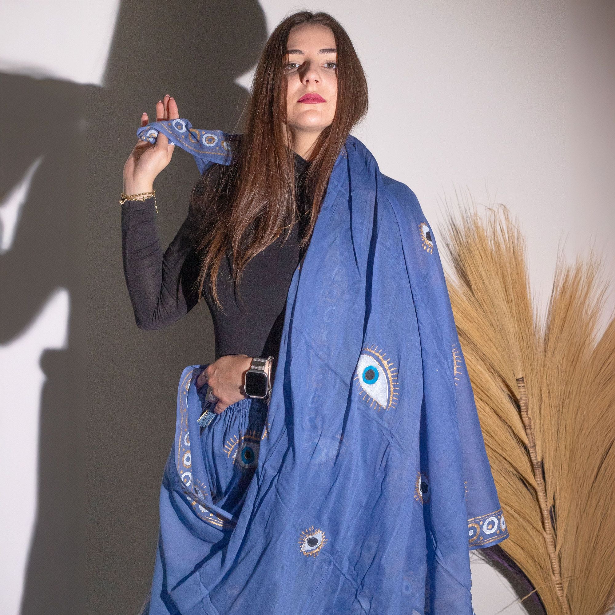 Nomad Sari On the Med Collection - Pario - Rich Blue & Gold Hand Painted Evil Eye Design