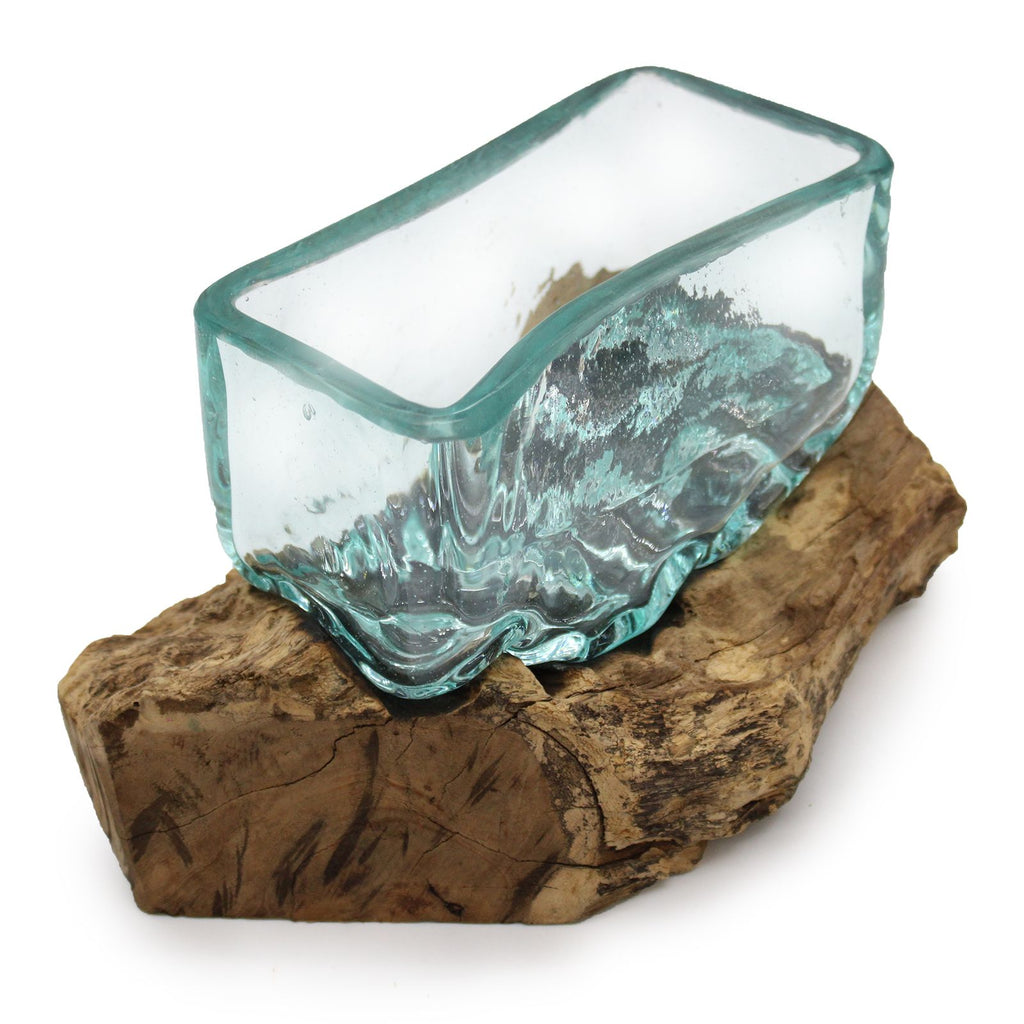 1x Molten Glass Tank on Wood with Stand - Large Bowl