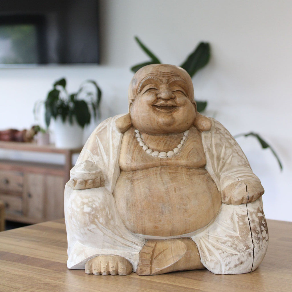 Hand Carved Buddha Statue - 30cm Happy - Whitewash