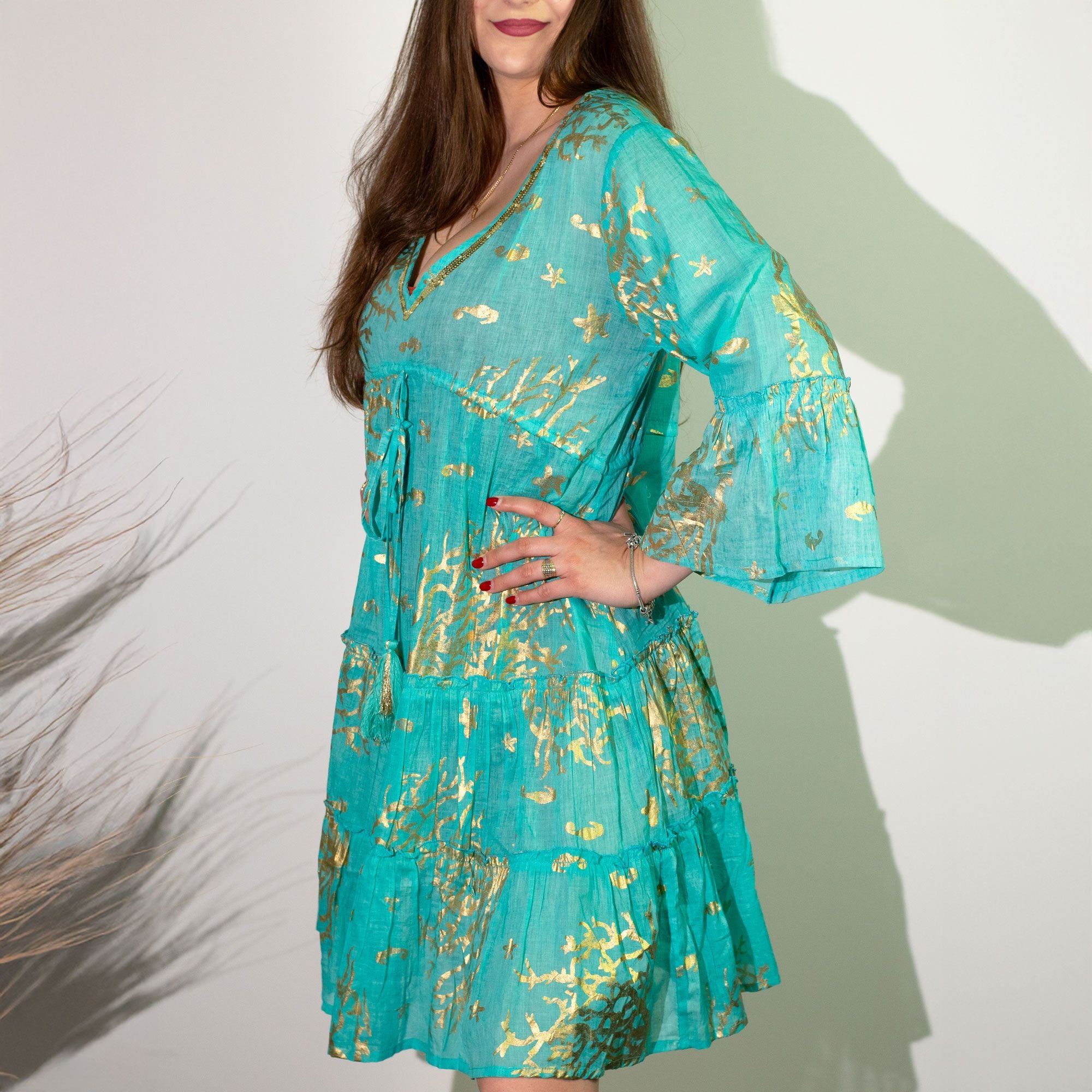 Nomad Sari On the Med Turquoise & Gold Coral Print Dress (M/L)