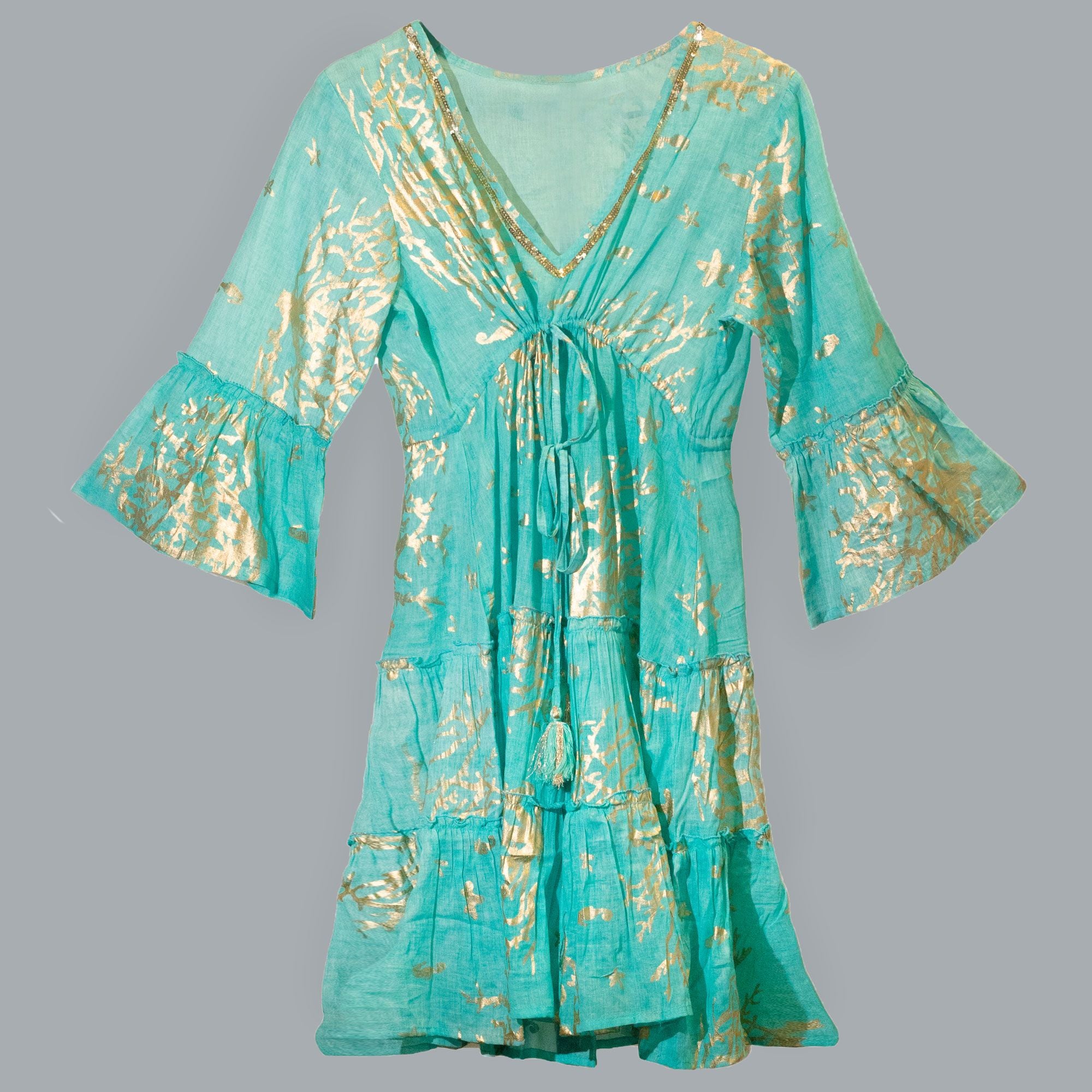 Nomad Sari On the Med Turquoise & Gold Coral Print Dress (M/L)