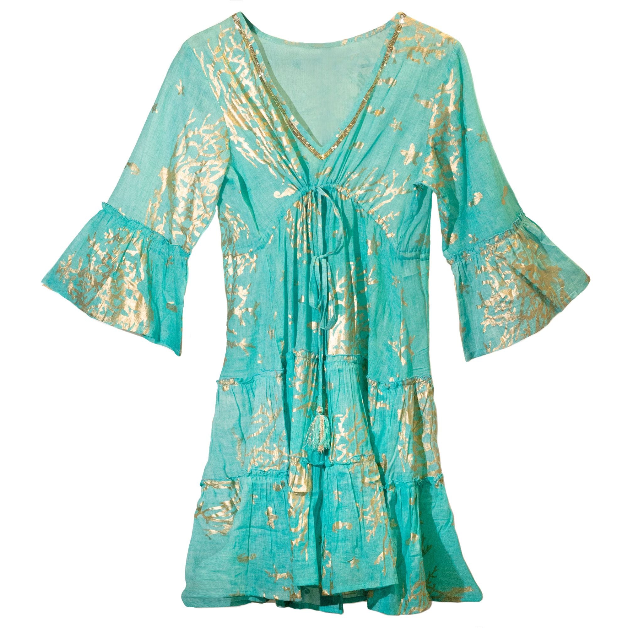 Nomad Sari On the Med Turquoise & Gold Coral Print Dress (M/L)