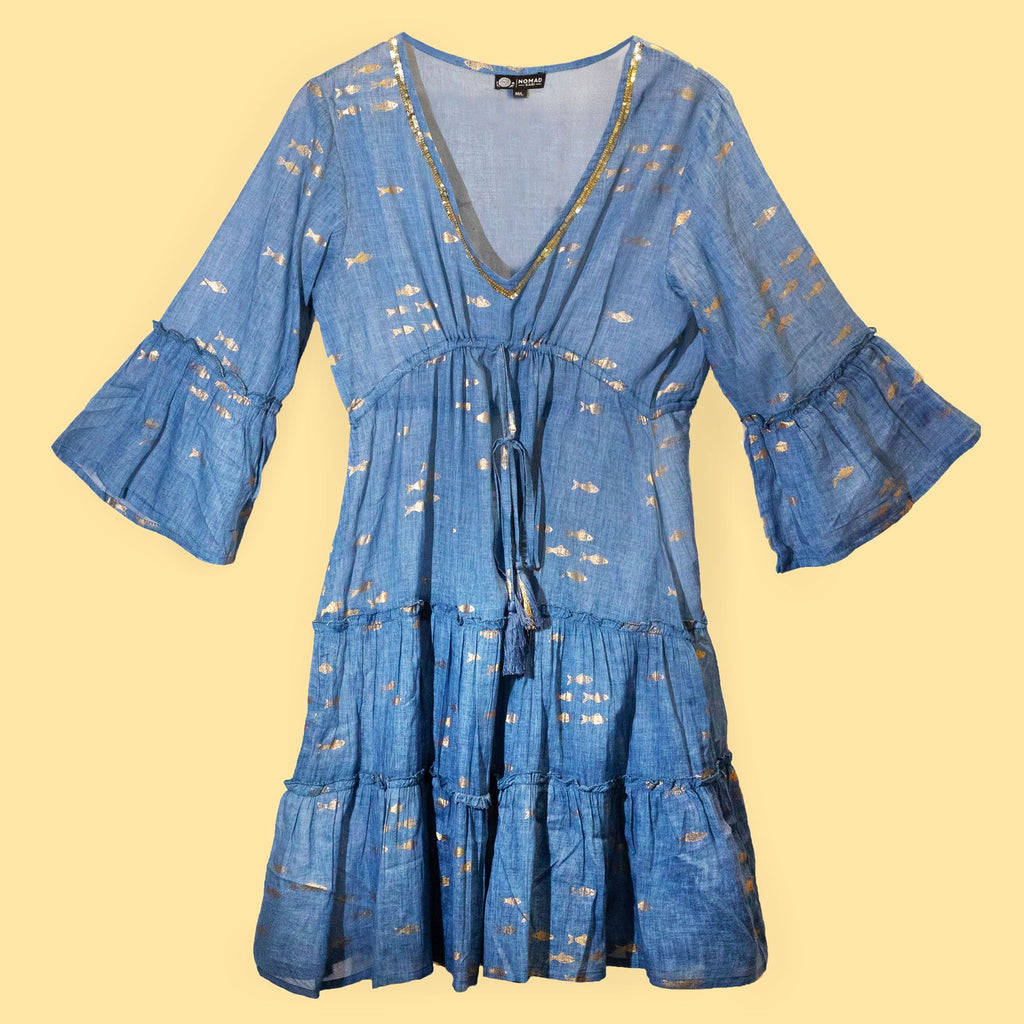 Nomad Sari On the Med Sea Blue & Gold Fish Print Dress (M/L)