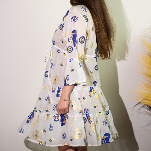 (LXL) Nomad Sari On the Med Collection - Dress -  White , Blue & Gold Evil Eye Design