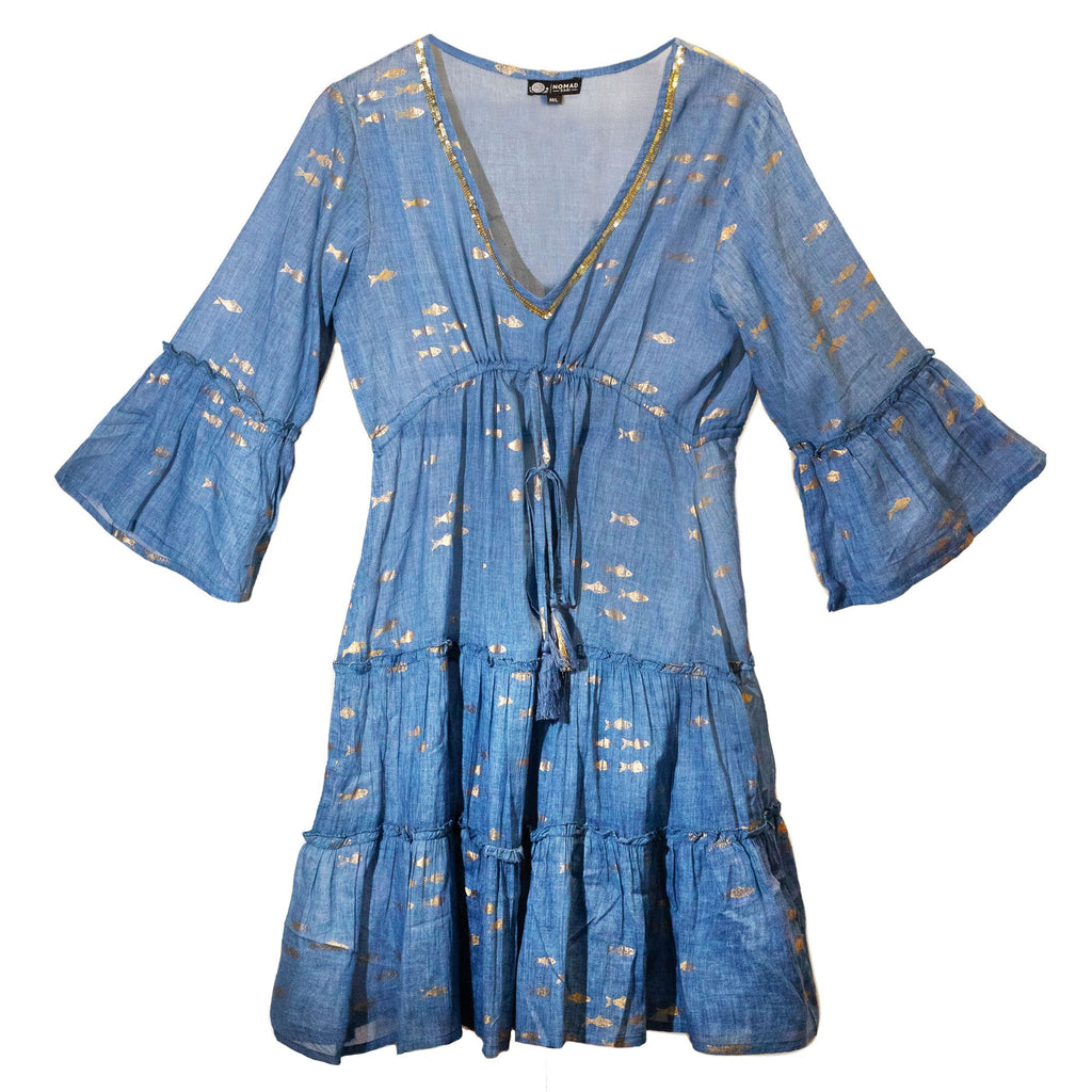 Nomad Sari On the Med Sea Blue & Gold Fish Print Dress (M/L)