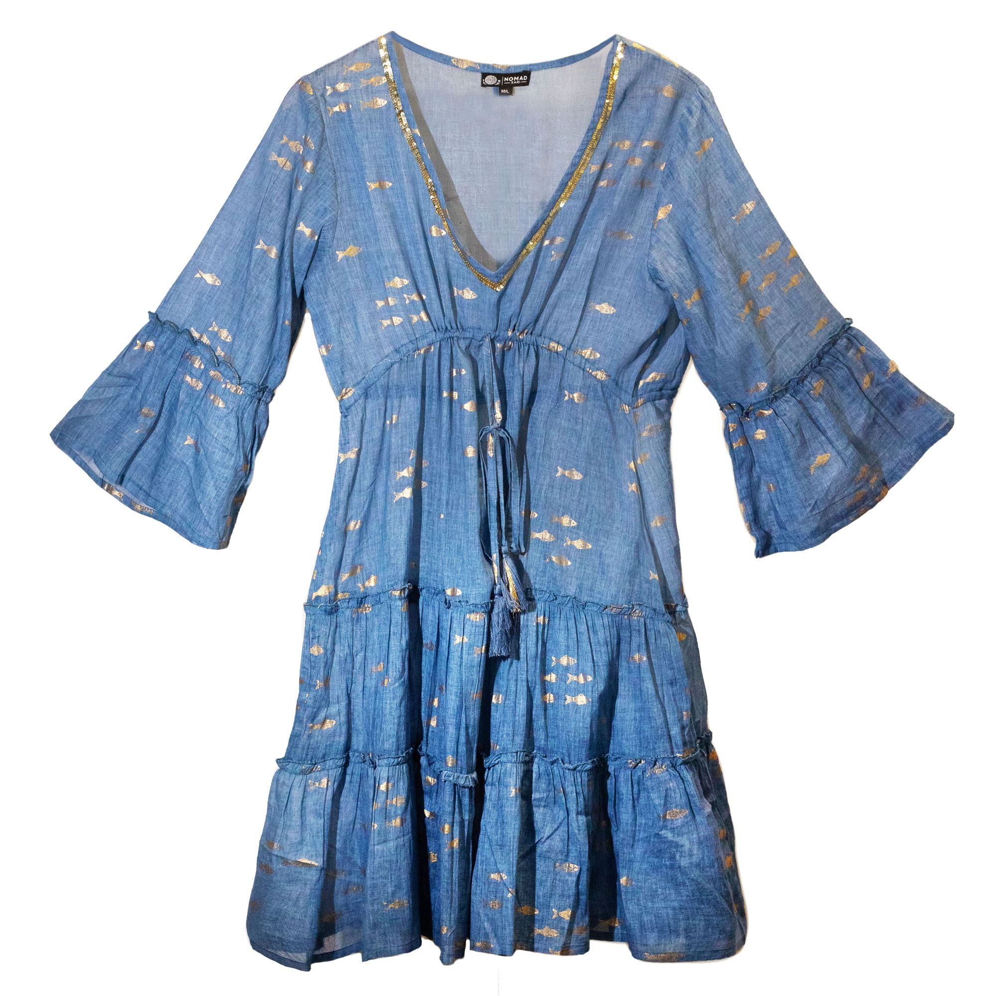 (LXL) Nomad Sari On the Med Collection - Dress - Sea Blue & Gold Fish Design
