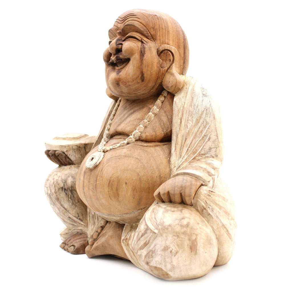 Hand Carved Buddha Statue - 40cm Happy - Whitewash