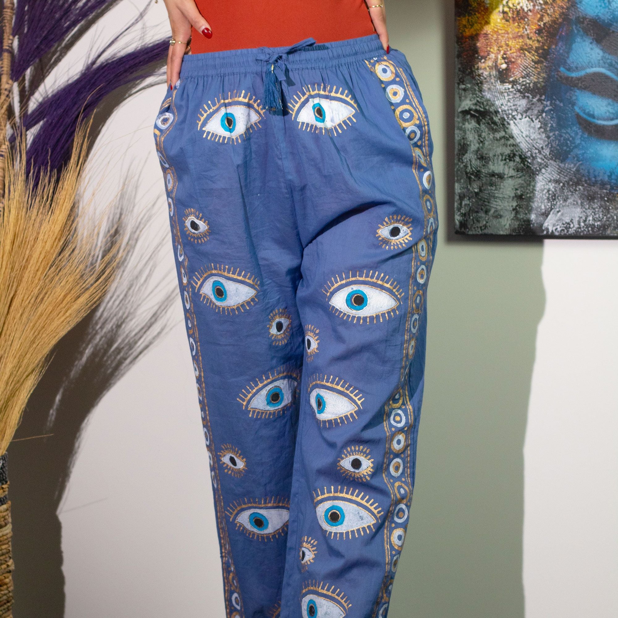 (LXL) Nomad Sari On the Med Collection - Lounge Pants - Rich Blue & Gold Hand Painted Evil Eye Design