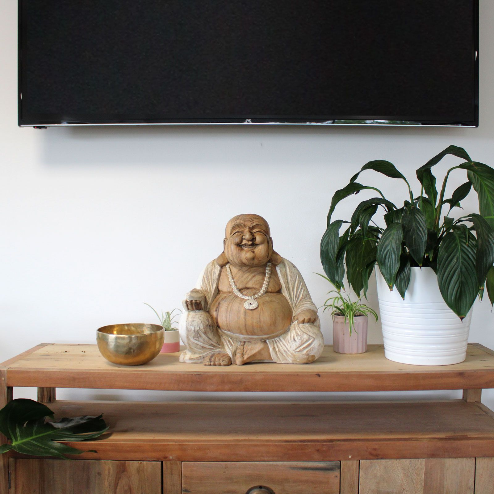 Hand Carved Buddha Statue - 40cm Happy - Whitewash