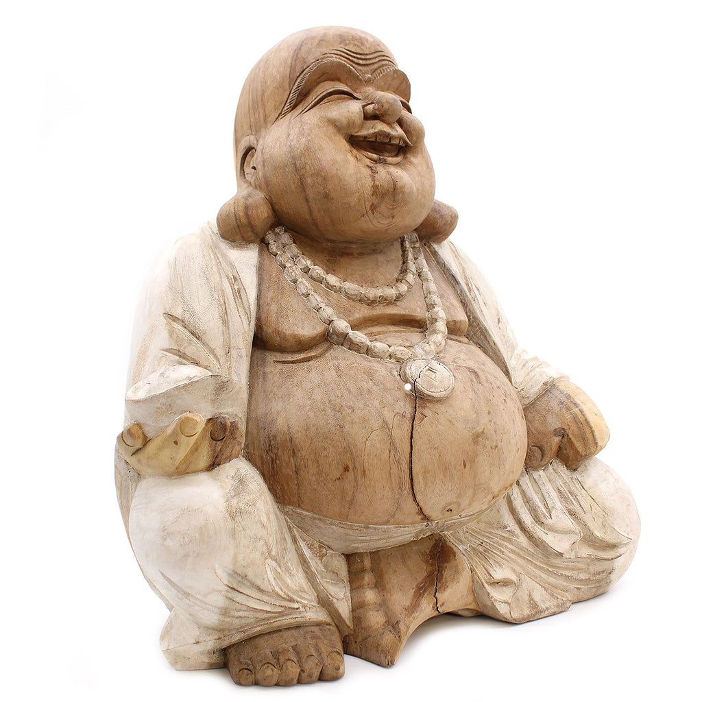 Hand Carved Buddha Statue - 50cm Happy - Whitewash