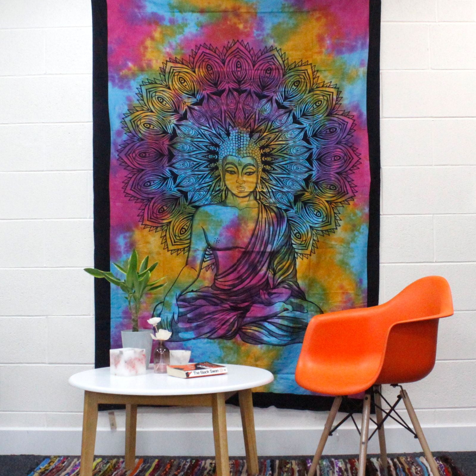 Single Cotton Bedspread + Wall Hanging - Black Hamsa 130cm x 200cm