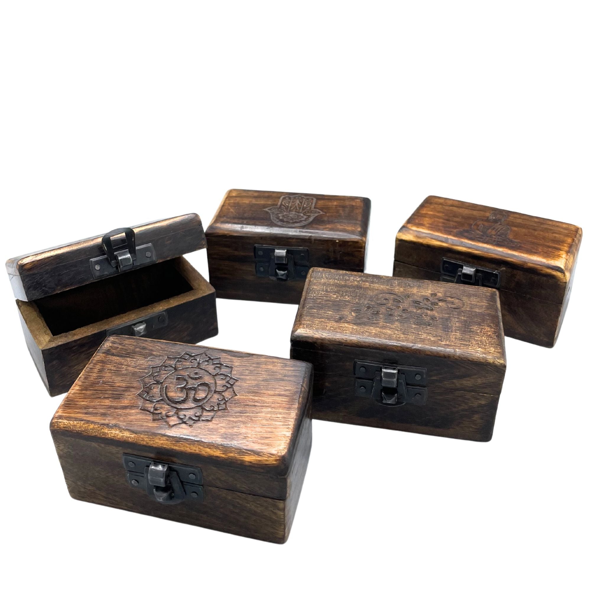 Set of 5  Wooden Pill Box 9x5x4cm - Carved Designs