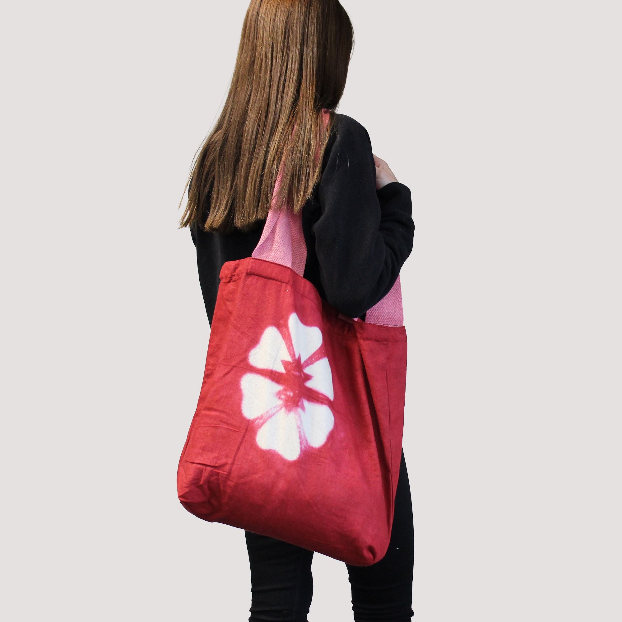 Natural Tye-Dye Cotton Bag (8oz) - 38x42x12cm - Sky Blue Blocks - Natural Handle
